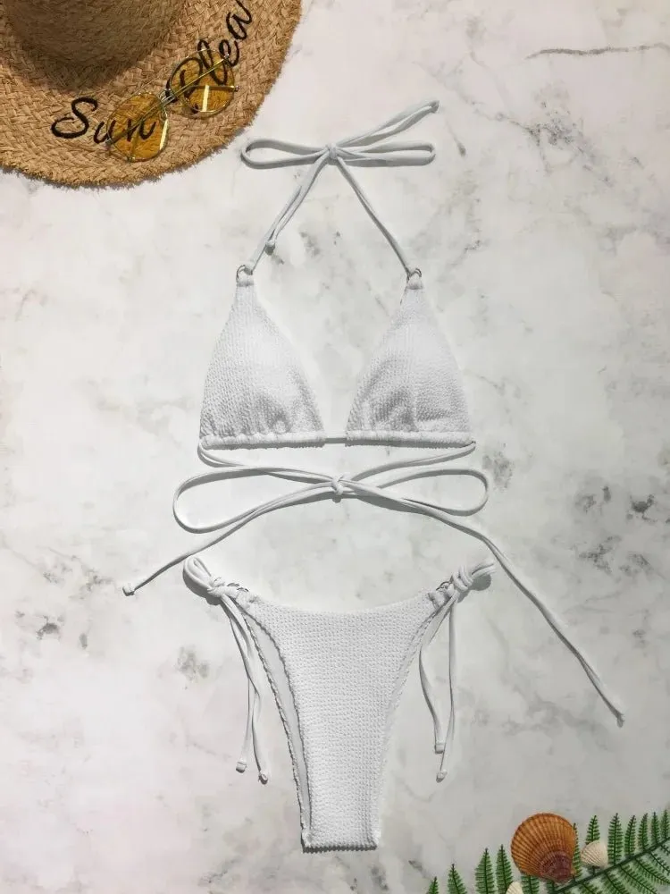 Summer Women Solid Sexy Ladies Split Nylon Swimsuit Beach Wearing Swimwear Two Piece Triangle Thong Ribbed Micro Bikini Set
