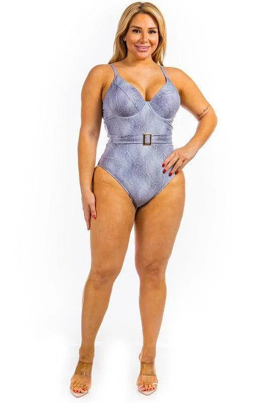 Swimwear - One Piece Buckle Belt Embellish Denim Swimsuit