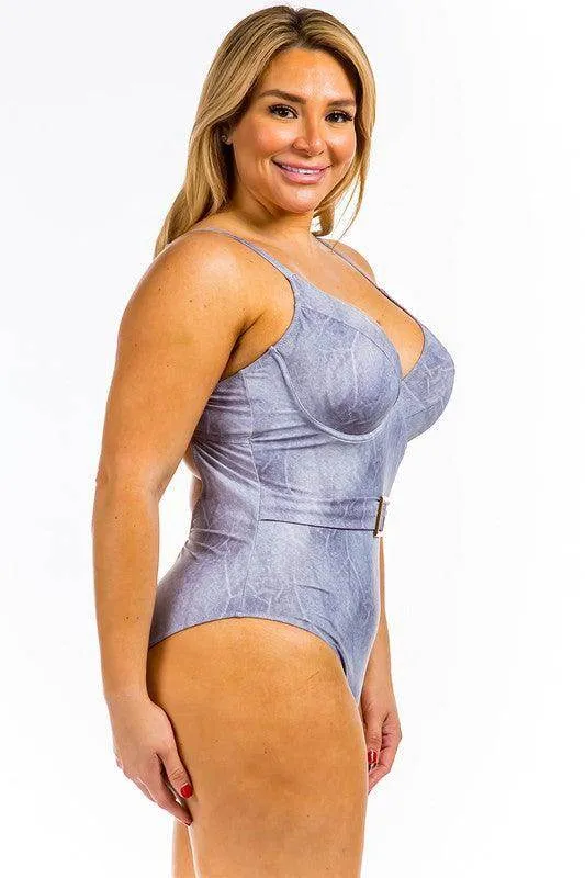 Swimwear - One Piece Buckle Belt Embellish Denim Swimsuit