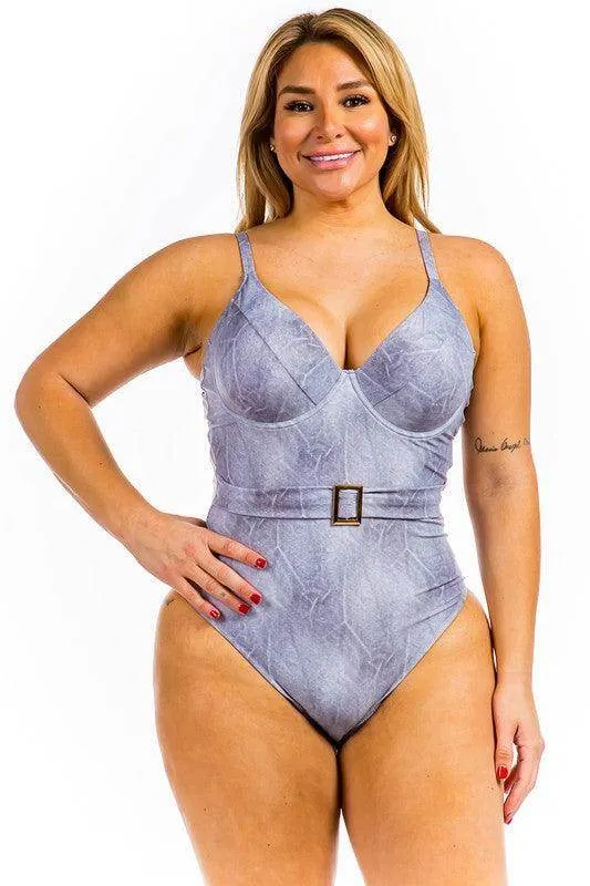 Swimwear - One Piece Buckle Belt Embellish Denim Swimsuit