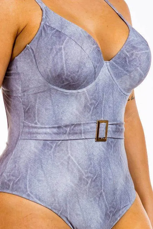 Swimwear - One Piece Buckle Belt Embellish Denim Swimsuit