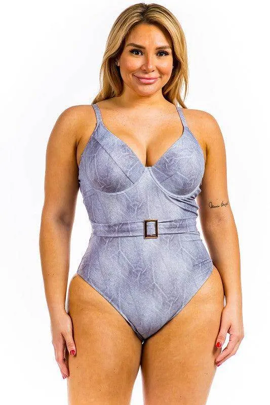Swimwear - One Piece Buckle Belt Embellish Denim Swimsuit