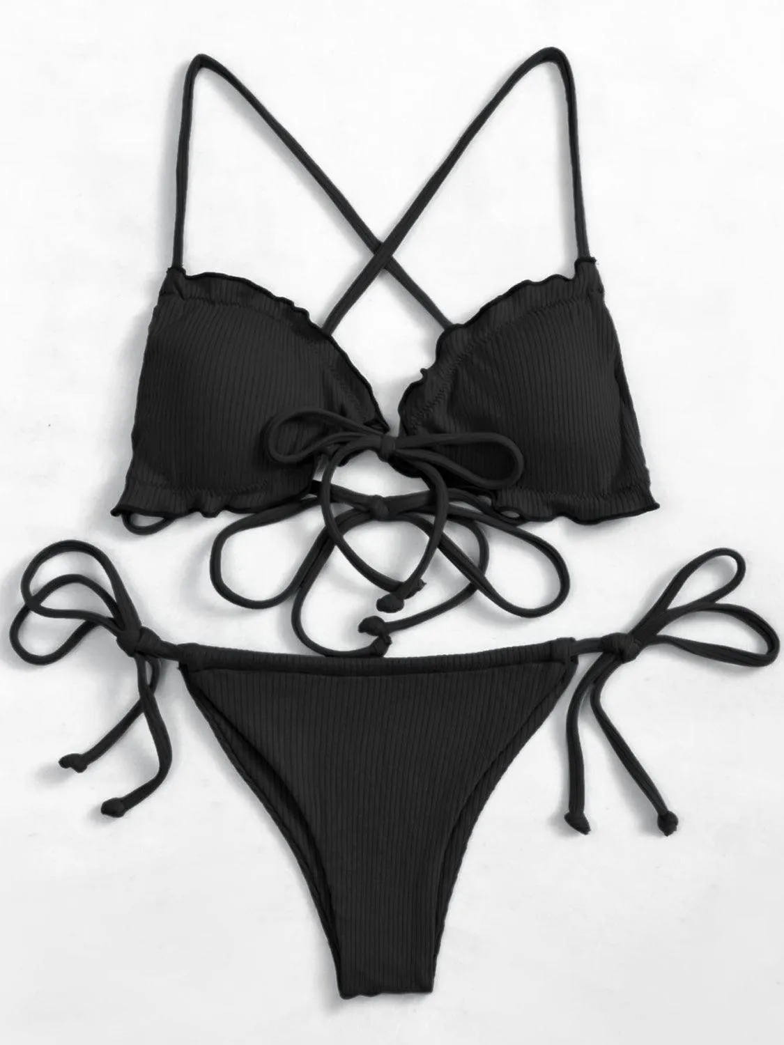 Tidal Beauty Ruffled Tie Front String Bikini Set