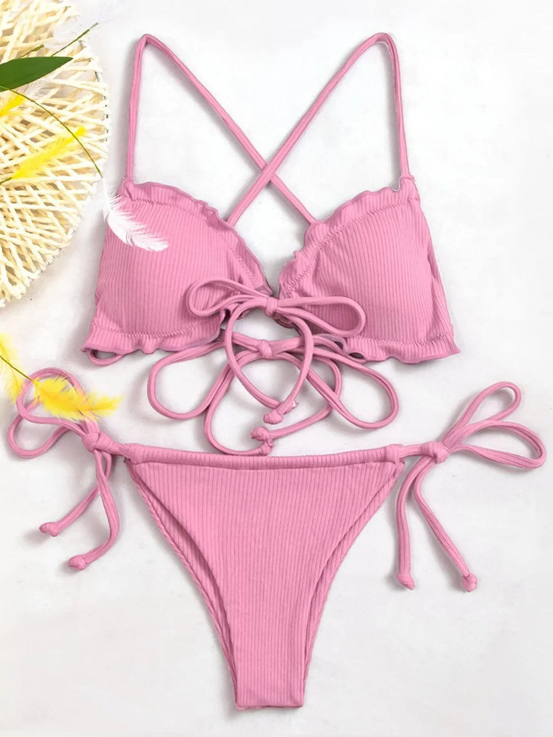 Tidal Beauty Ruffled Tie Front String Bikini Set