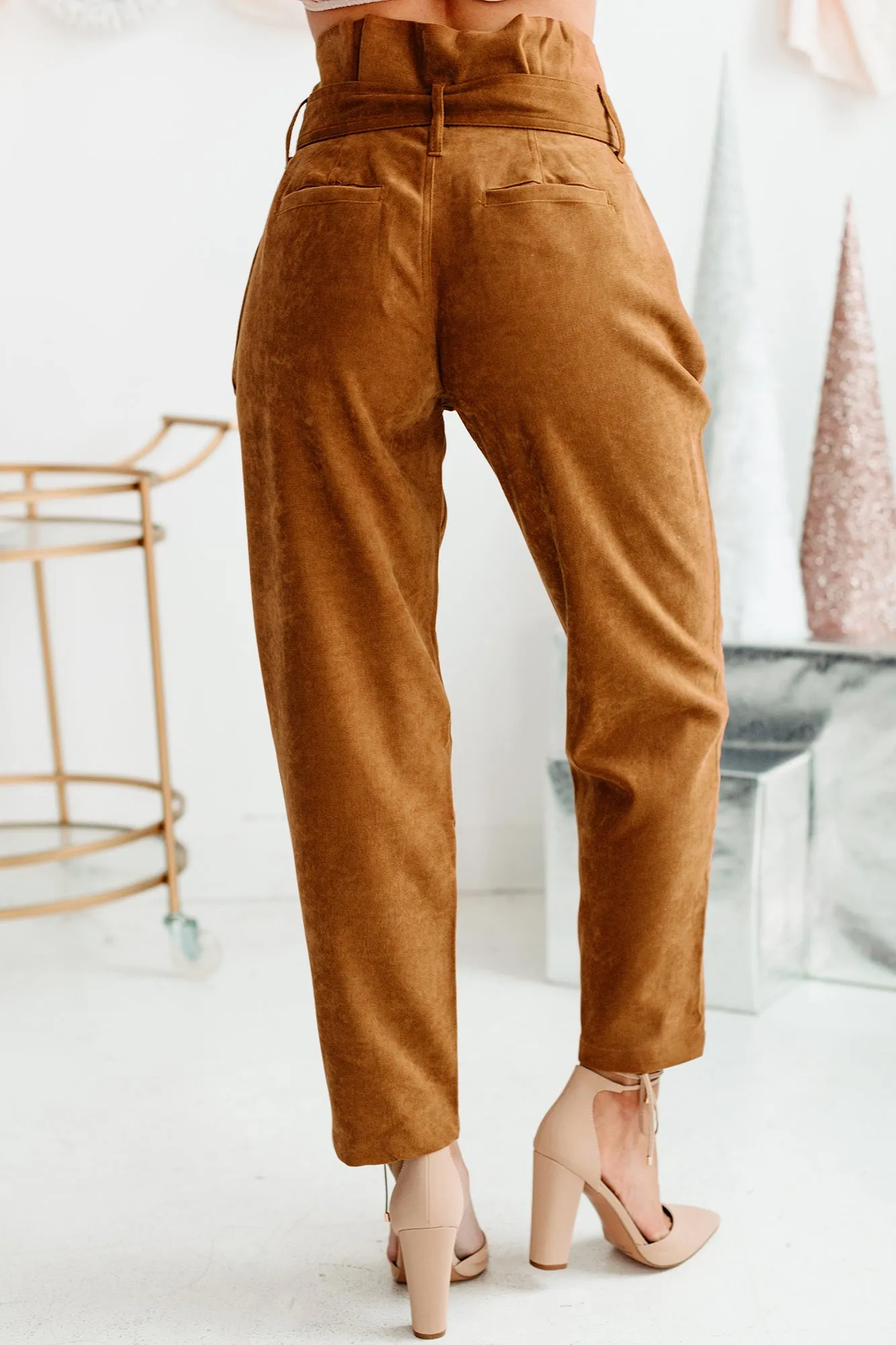 Tied Together Paperbag Waist Faux Suede Pants (Camel)
