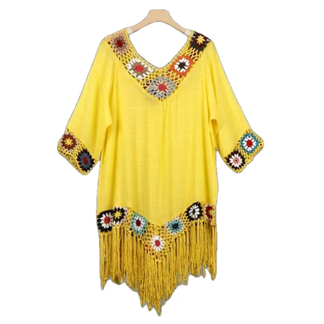 Trendy Bohemian Sytle Women's Beach Dress With Tassels Solid Color