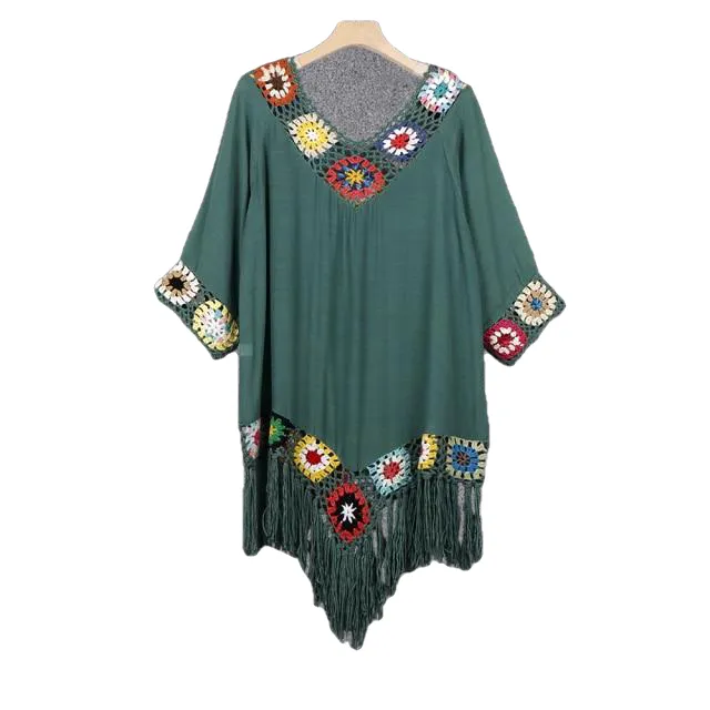 Trendy Bohemian Sytle Women's Beach Dress With Tassels Solid Color