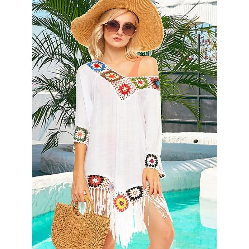 Trendy Bohemian Sytle Women's Beach Dress With Tassels Solid Color