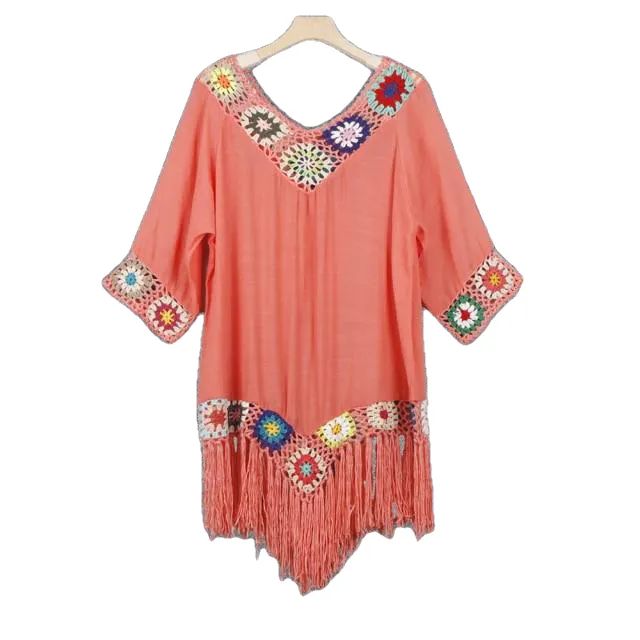 Trendy Bohemian Sytle Women's Beach Dress With Tassels Solid Color