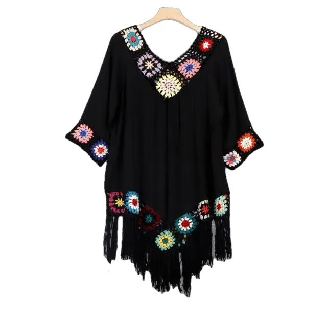 Trendy Bohemian Sytle Women's Beach Dress With Tassels Solid Color