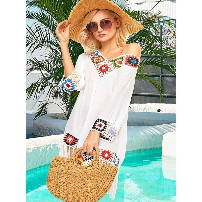 Trendy Bohemian Sytle Women's Beach Dress With Tassels Solid Color