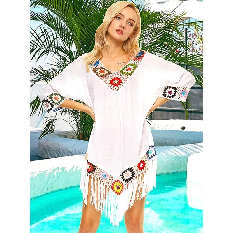 Trendy Bohemian Sytle Women's Beach Dress With Tassels Solid Color