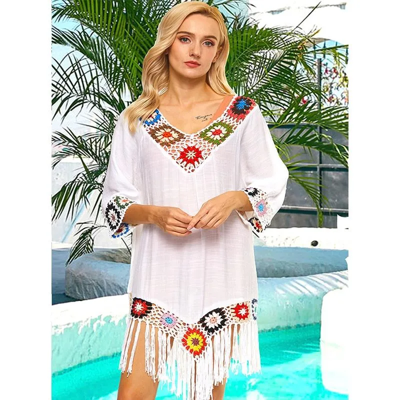 Trendy Bohemian Sytle Women's Beach Dress With Tassels Solid Color