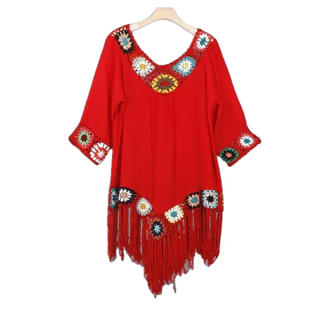 Trendy Bohemian Sytle Women's Beach Dress With Tassels Solid Color