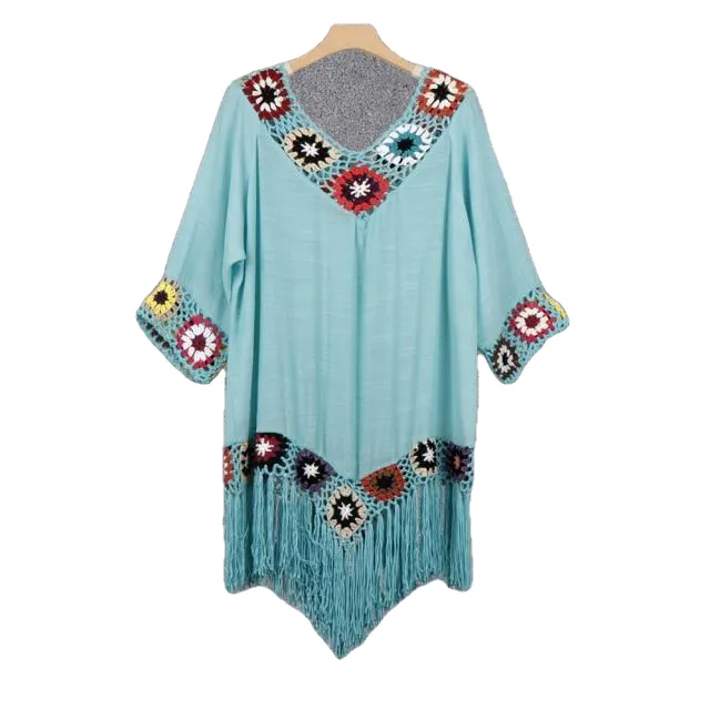 Trendy Bohemian Sytle Women's Beach Dress With Tassels Solid Color