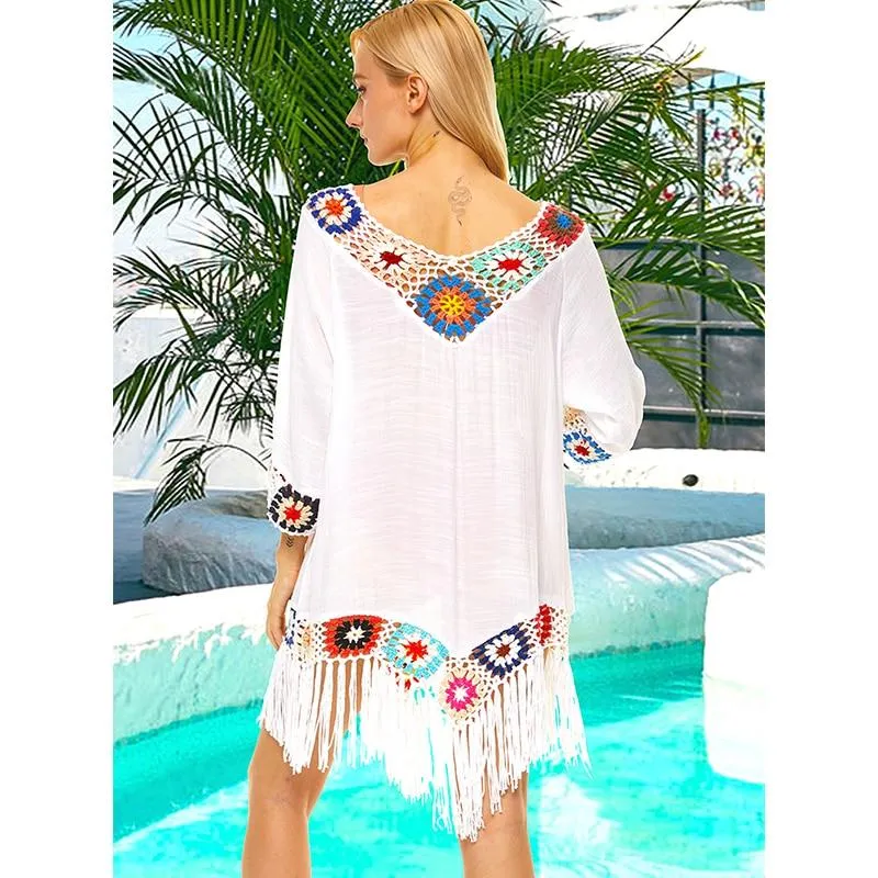 Trendy Bohemian Sytle Women's Beach Dress With Tassels Solid Color