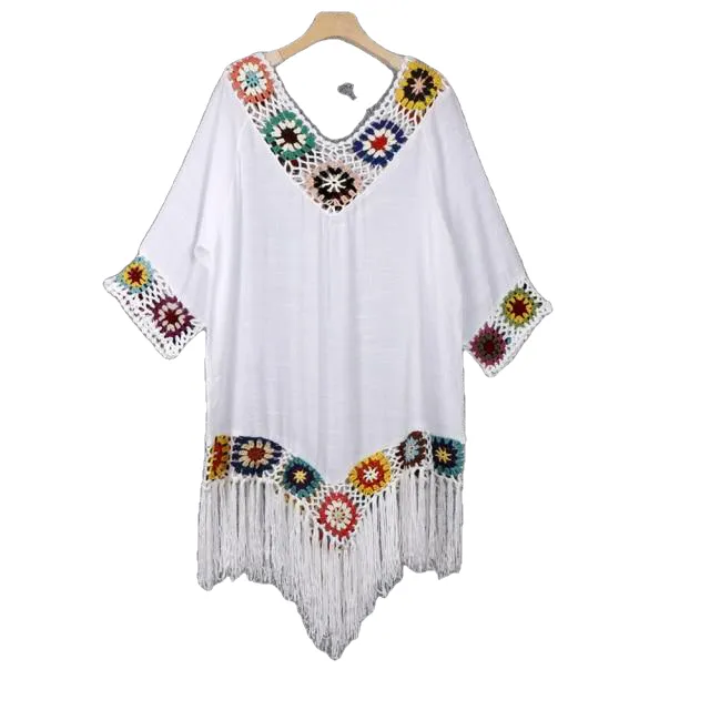 Trendy Bohemian Sytle Women's Beach Dress With Tassels Solid Color