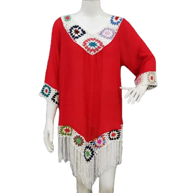 Trendy Bohemian Sytle Women's Beach Dress With Tassels Solid Color