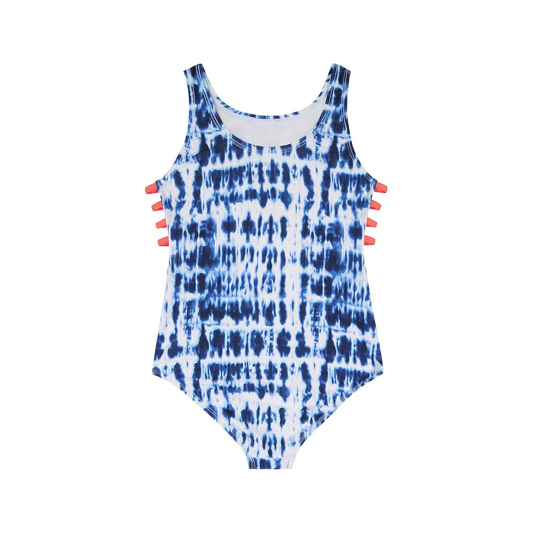 UPF 50 Girls Navy Stripe Ruffle Swimsuit