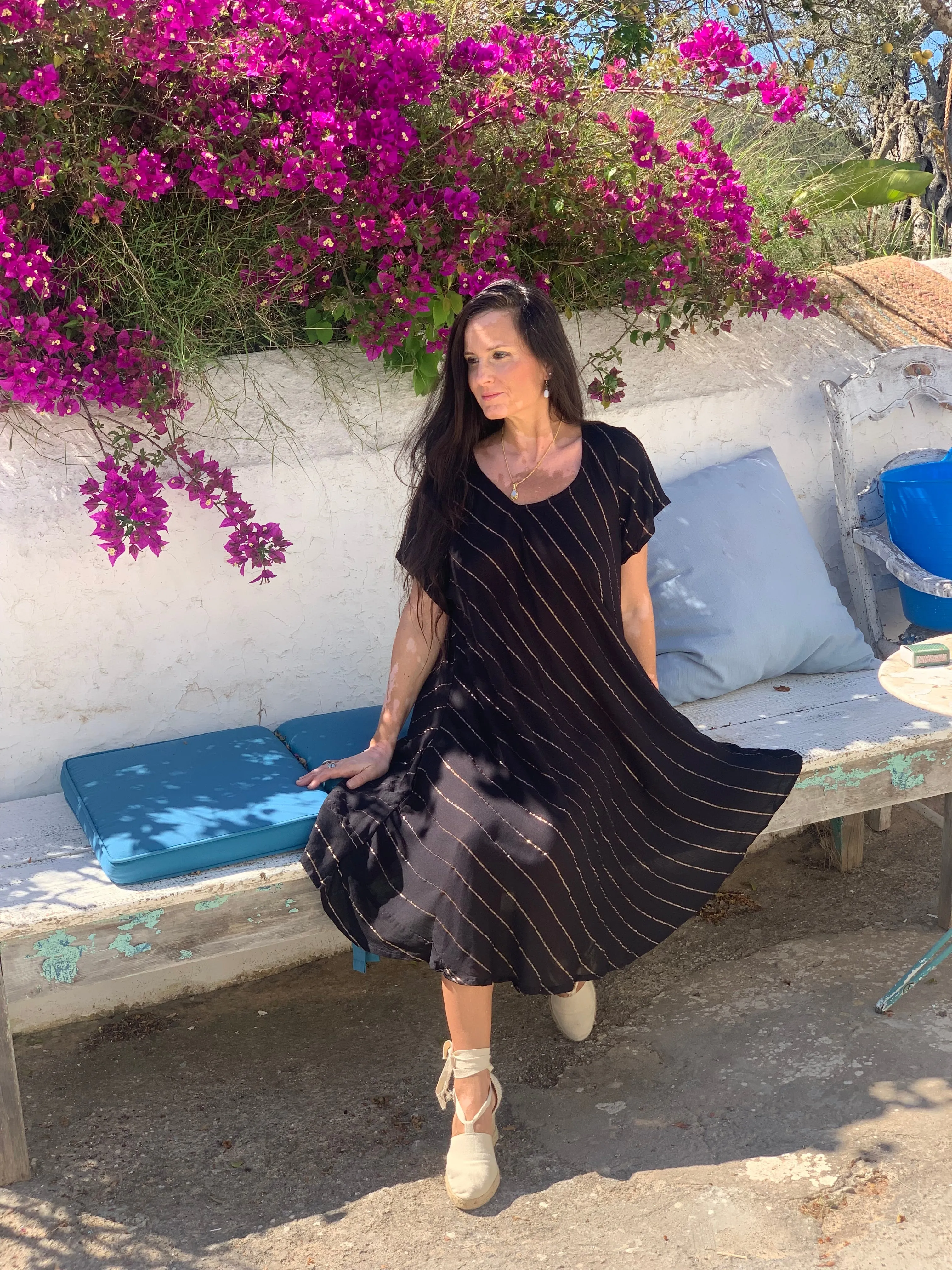 V neck half sleeve dress lurex black
