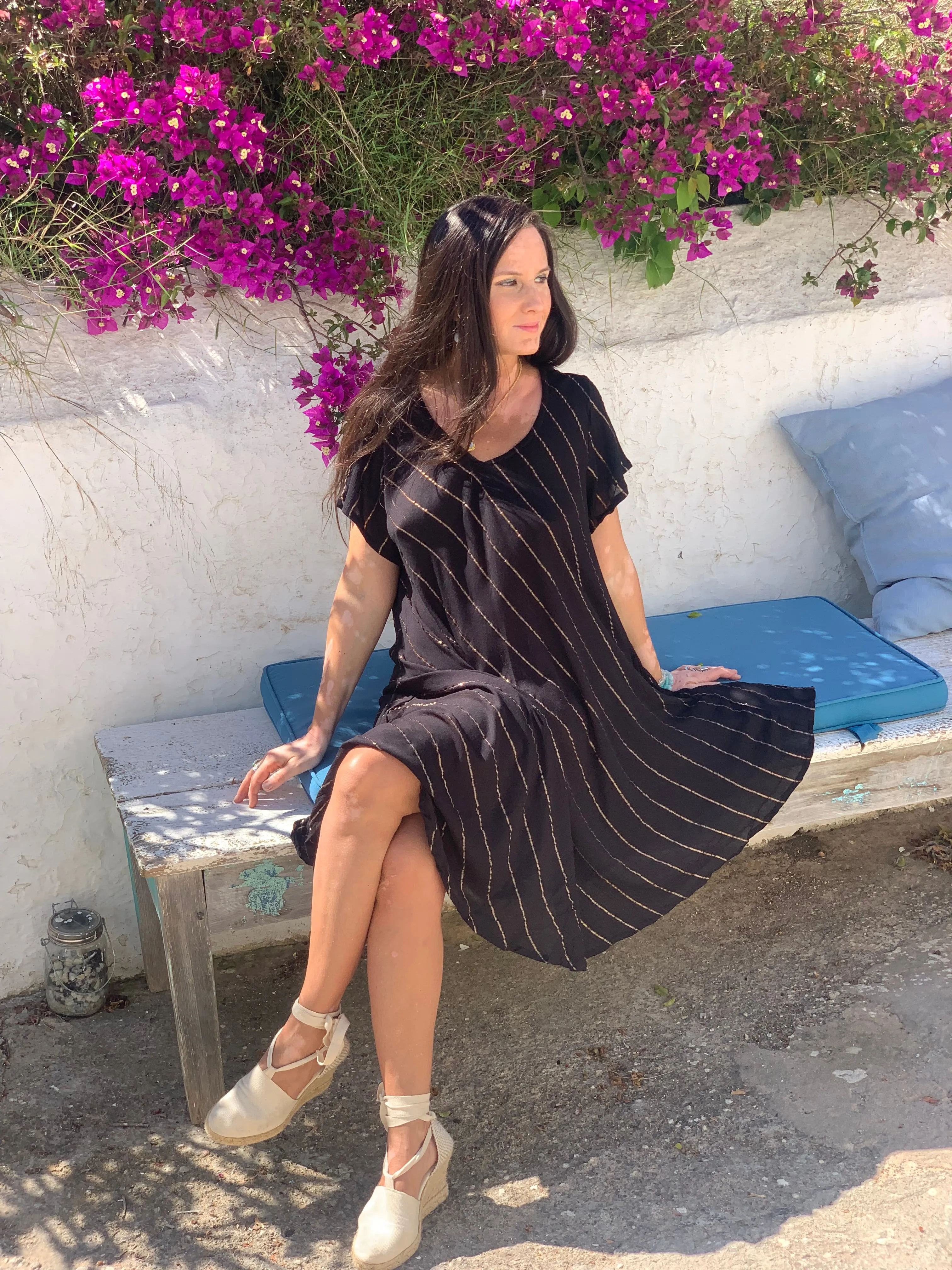 V neck half sleeve dress lurex black