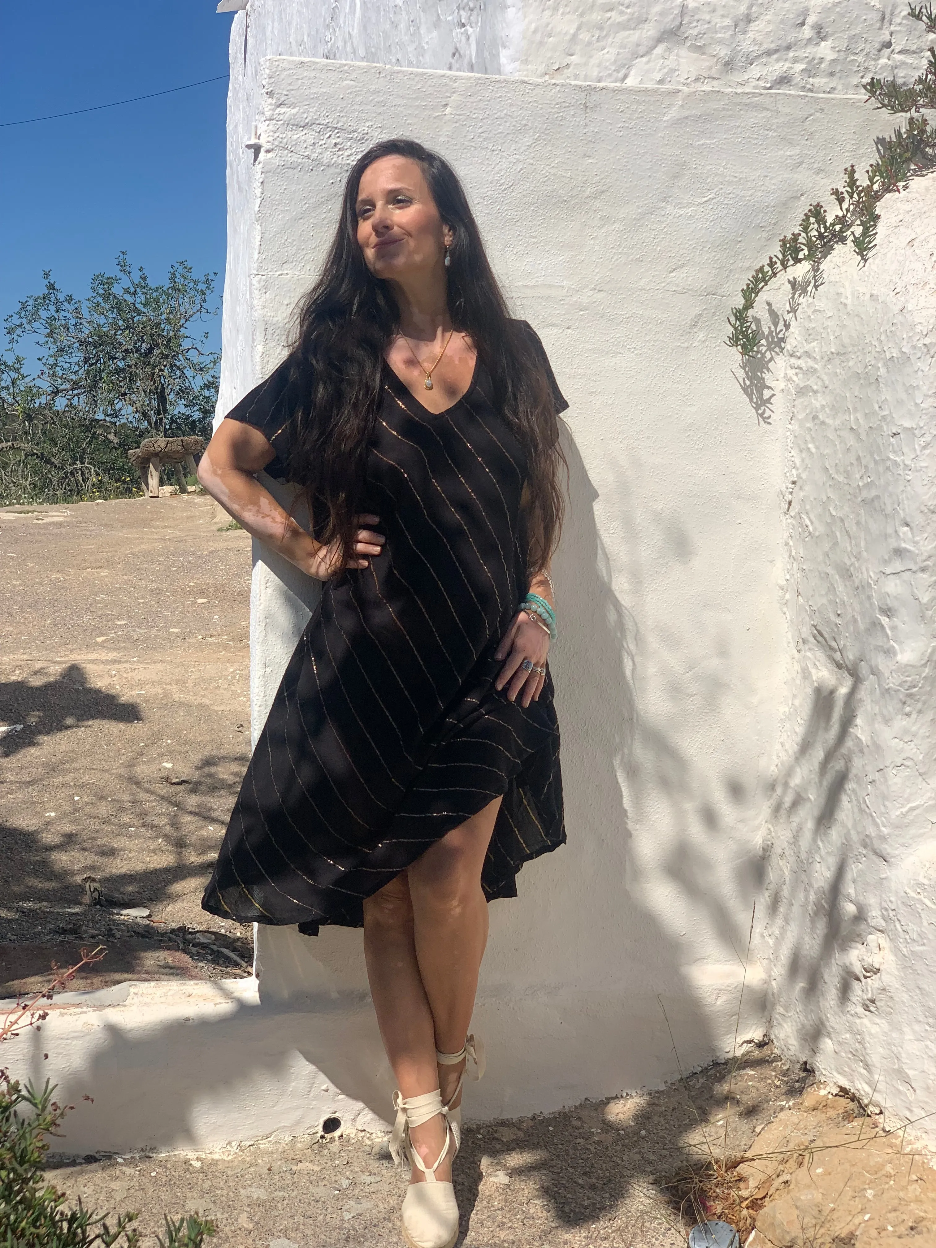 V neck half sleeve dress lurex black