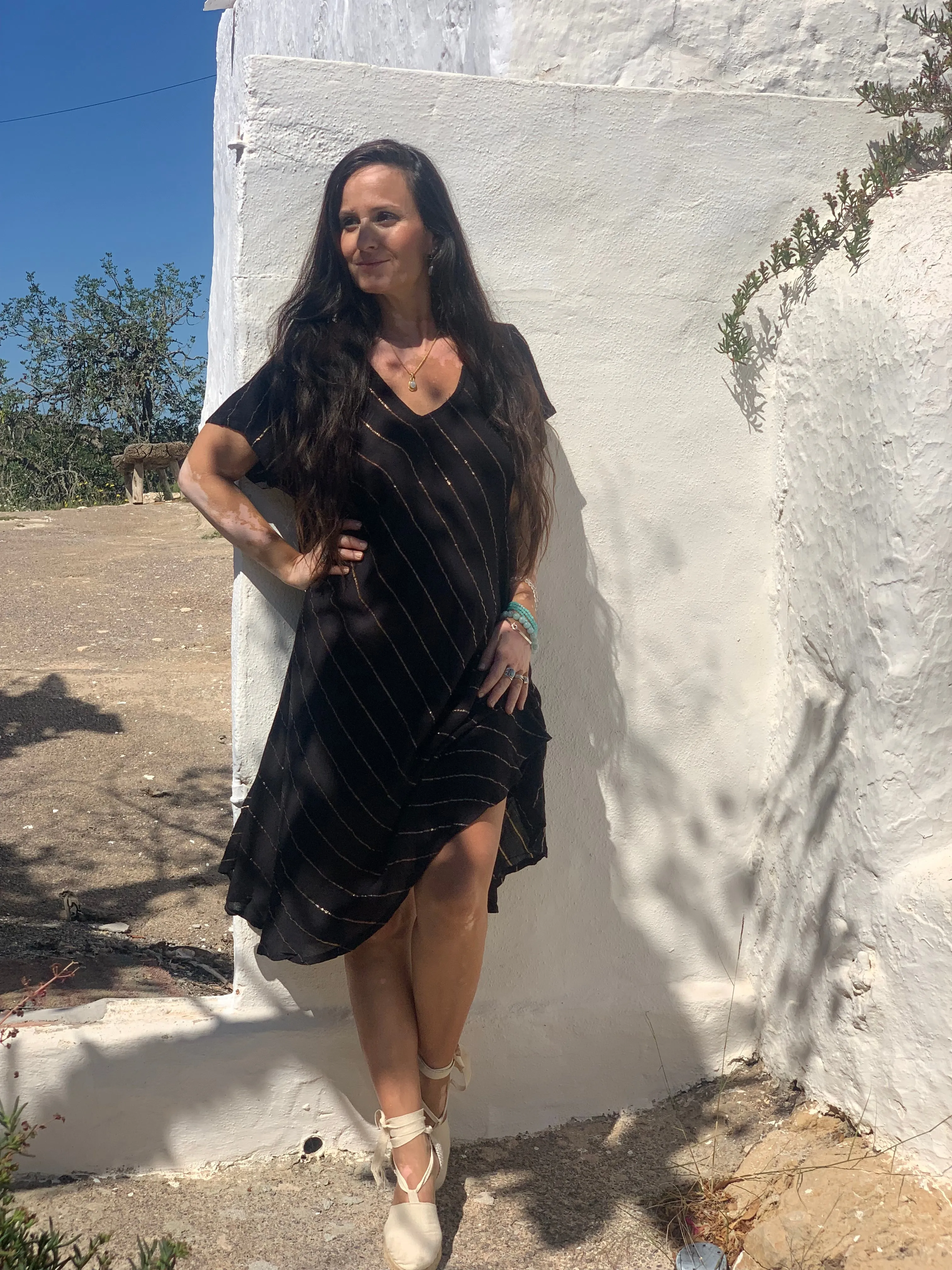 V neck half sleeve dress lurex black