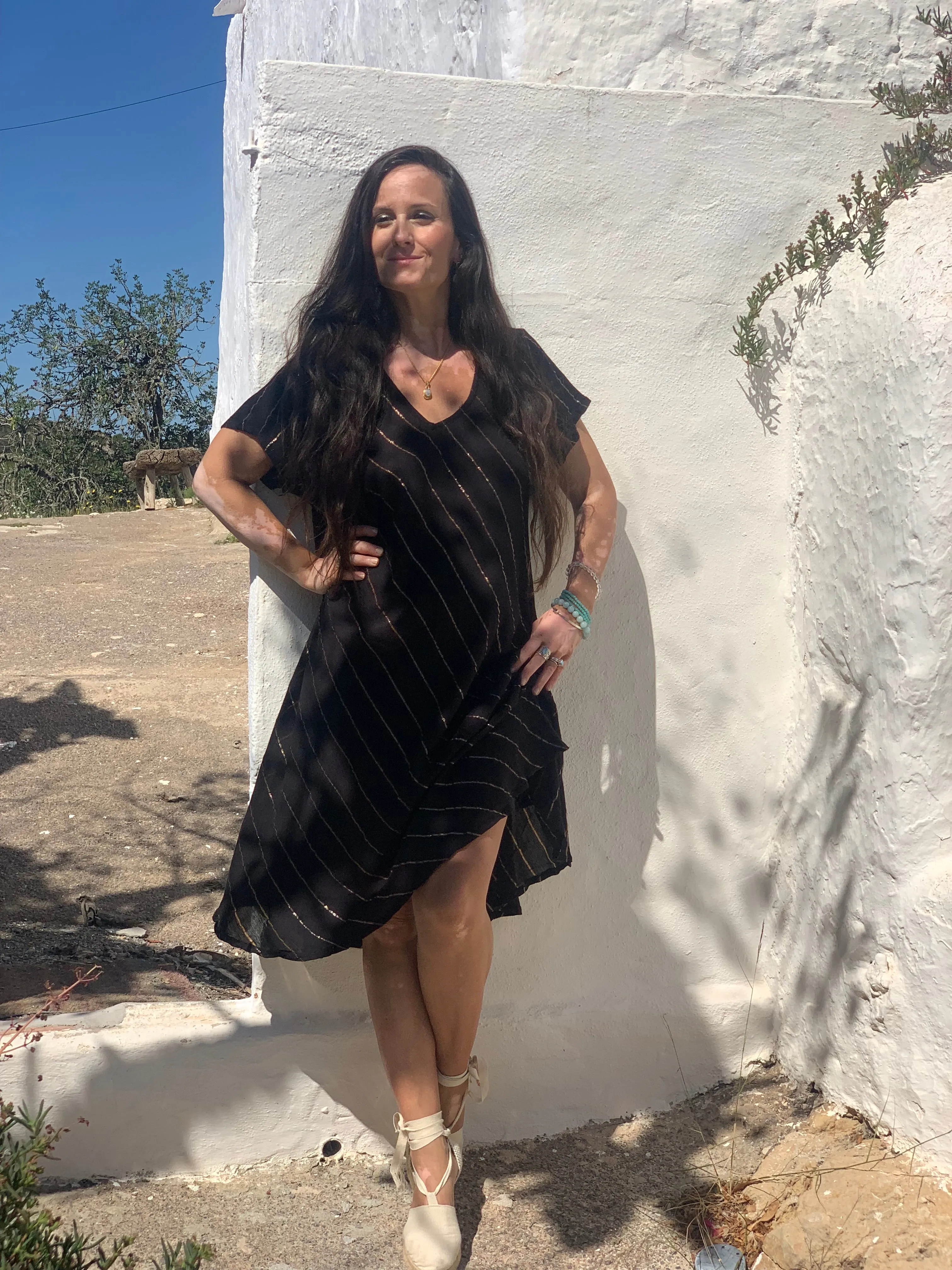 V neck half sleeve dress lurex black