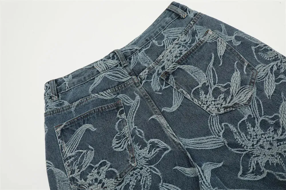 Wide-Leg Denim Shorts with Floral Embroidery
