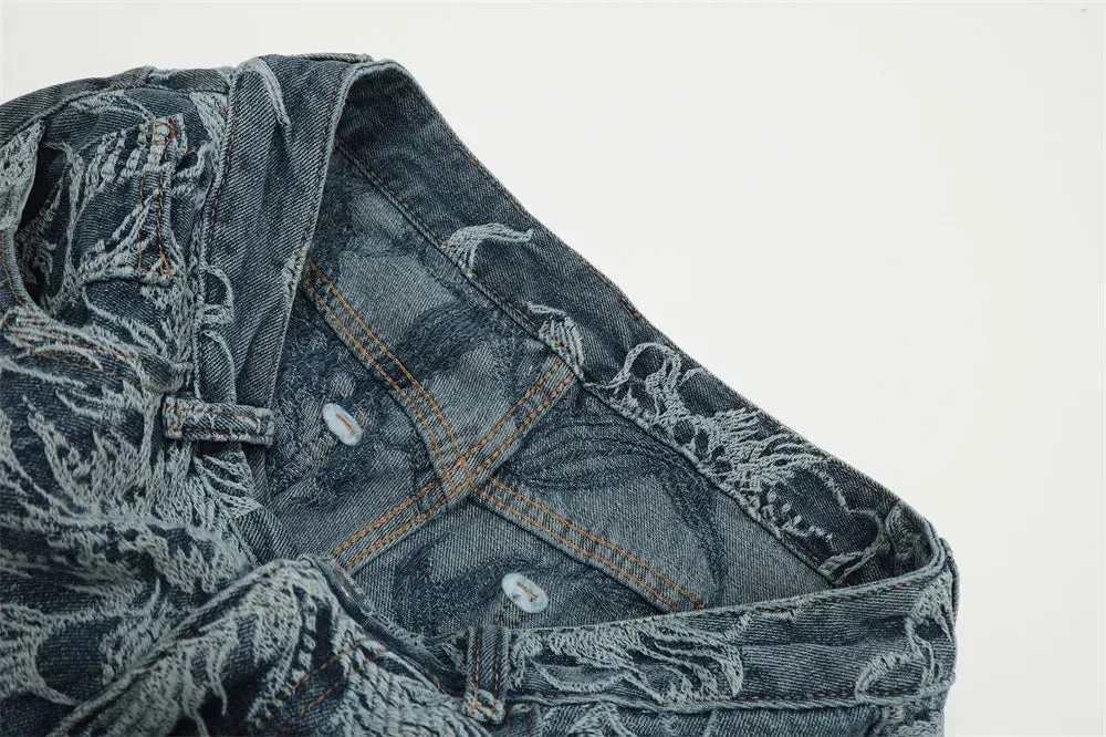 Wide-Leg Denim Shorts with Floral Embroidery