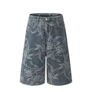 Wide-Leg Denim Shorts with Floral Embroidery