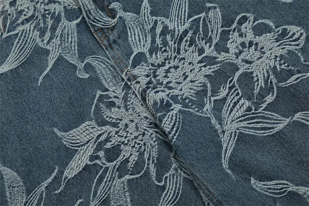 Wide-Leg Denim Shorts with Floral Embroidery