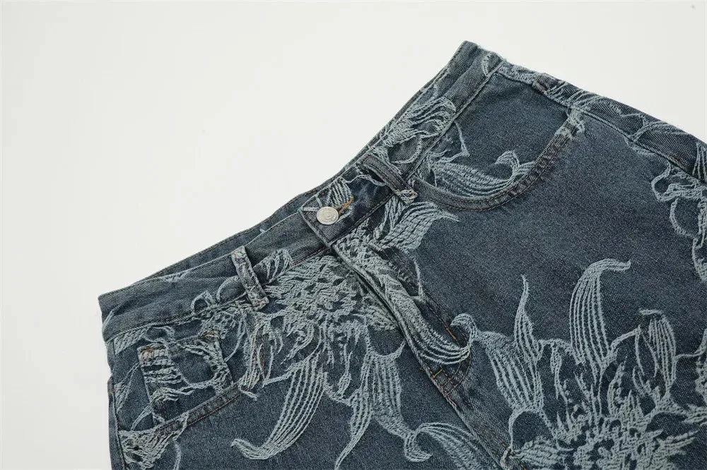 Wide-Leg Denim Shorts with Floral Embroidery