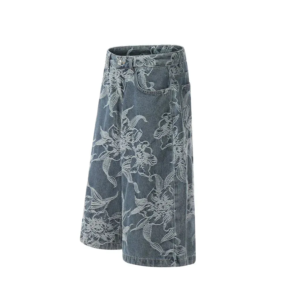 Wide-Leg Denim Shorts with Floral Embroidery