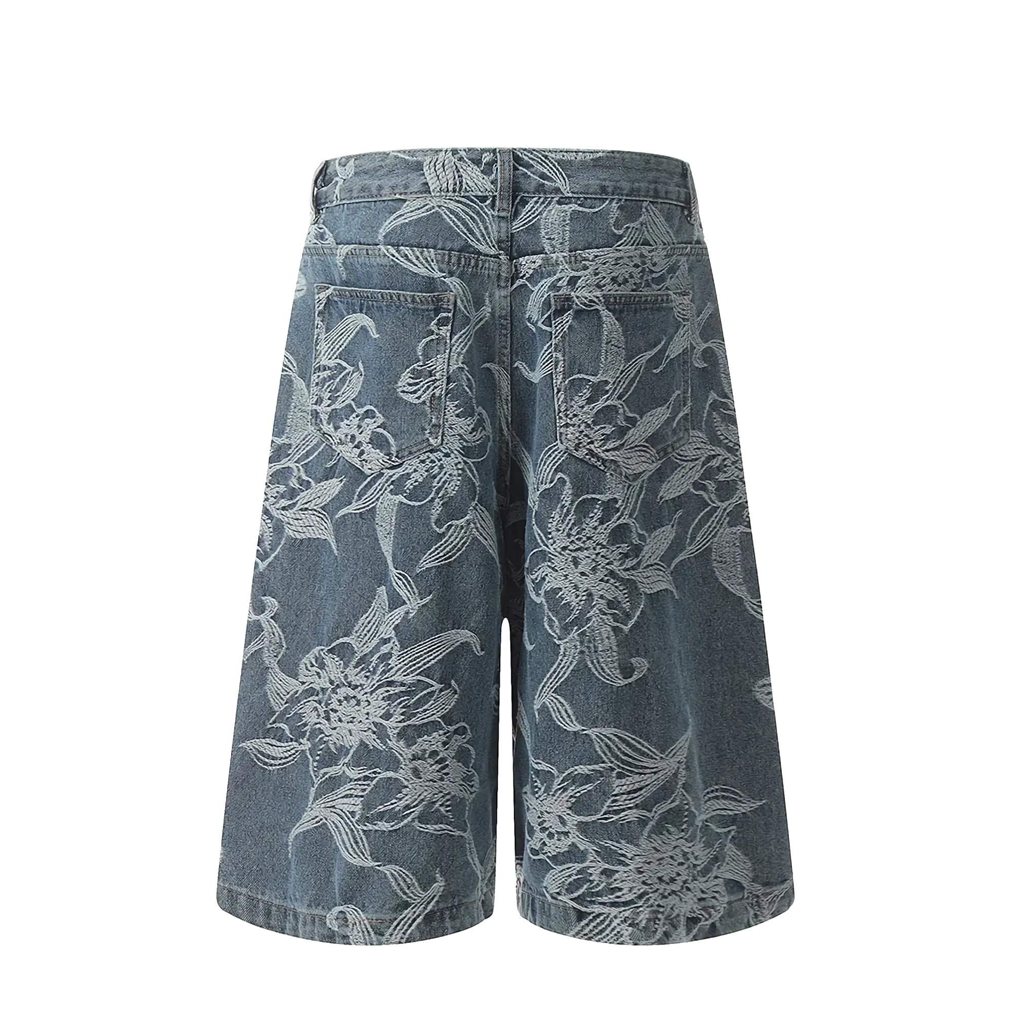 Wide-Leg Denim Shorts with Floral Embroidery