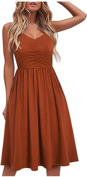 Women Pleated Dress V Neck Sleeveless Midi Dress Strappy Solid Dress Regular Fitted Summer Daily Dress