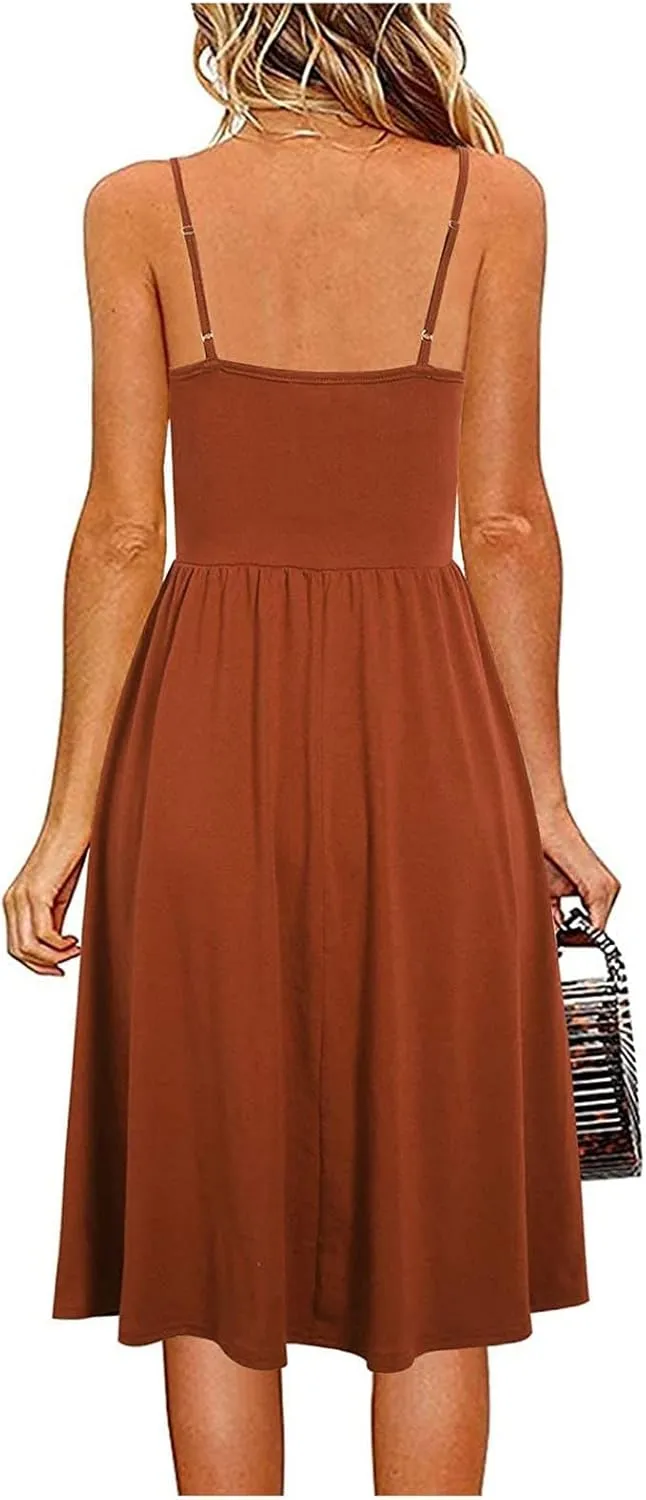 Women Pleated Dress V Neck Sleeveless Midi Dress Strappy Solid Dress Regular Fitted Summer Daily Dress
