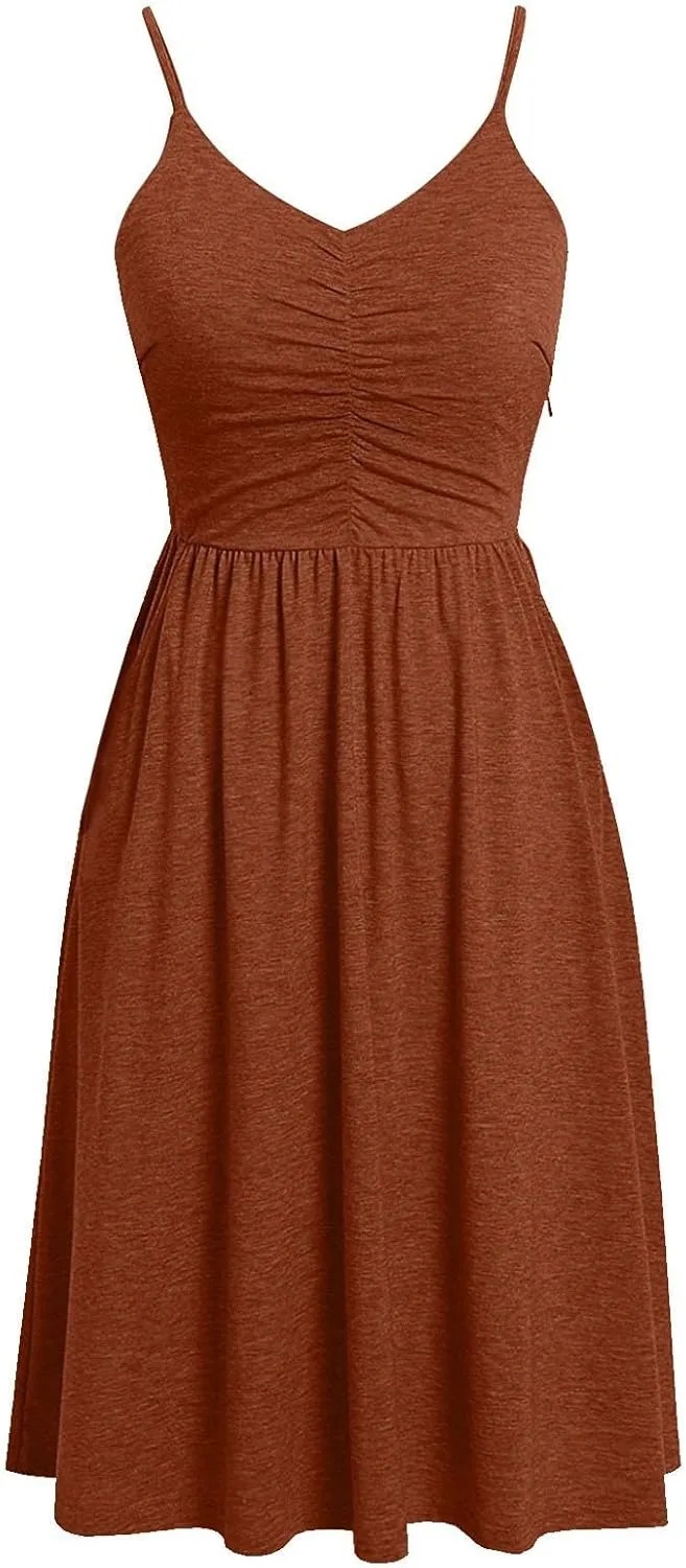 Women Pleated Dress V Neck Sleeveless Midi Dress Strappy Solid Dress Regular Fitted Summer Daily Dress