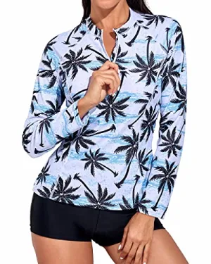Women's Long Sleeve Rash Guard Set Zipper Closure And Boy Shorts-Black Palm Tree