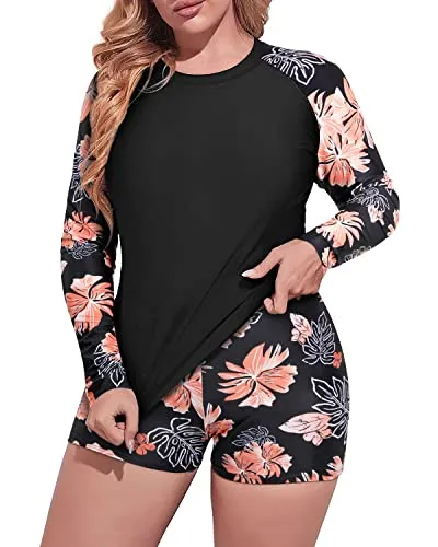 Women's Plus Size Rash Guard Top Built-In Bra And Boy Short-Black Floral