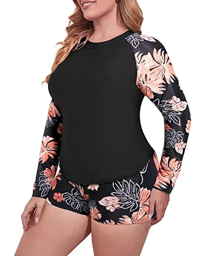 Women's Plus Size Rash Guard Top Built-In Bra And Boy Short-Black Floral